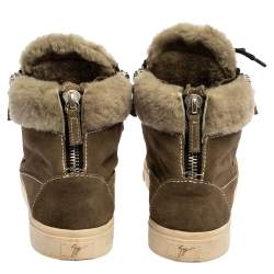 Pre Owned Giuseppe Zanotti Olive Green Suede Leather And Shearling Trim Double Zipper High Top Sneakers Size 38