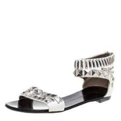 Giuseppe Zanotti White Leather Studded Ankle Cuff Zipper Flats Size 36