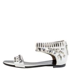 Giuseppe Zanotti White Leather Studded Ankle Cuff Zipper Flats Size 36