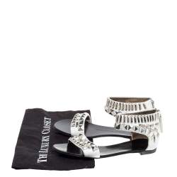 Giuseppe Zanotti White Leather Studded Ankle Cuff Zipper Flats Size 36