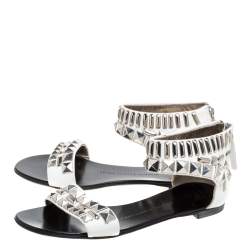 Giuseppe Zanotti White Leather Studded Ankle Cuff Zipper Flats Size 36