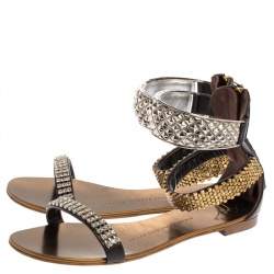 Giuseppe Zanotti Brown Leather Crystal Embellished Ankle Cuff Flat Sandals Size 36