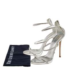 Pre Owned Giuseppe Zanotti Metallic Silver Leather Crystal Embellished Harmony Ankle Strap Sandals Size 41