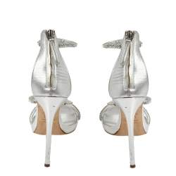 Pre Owned Giuseppe Zanotti Metallic Silver Leather Crystal Embellished Harmony Ankle Strap Sandals Size 41