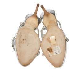 Pre Owned Giuseppe Zanotti Metallic Silver Leather Crystal Embellished Harmony Ankle Strap Sandals Size 41