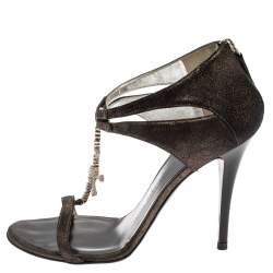 Giuseppe Zanotti Metallic Black Suede Skull Embellished T Strap Sandals Size 38