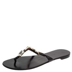 Giuseppe Zanotti Black Leather Jewel Embellished Thong Flat Sandals Size 38