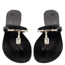 Giuseppe Zanotti Black Leather Jewel Embellished Thong Flat Sandals Size 38