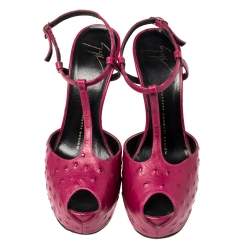 Giuseppe Zanotti Fuchsia Ostrich Embossed Leather  Peep Toe Platform Sandals 37