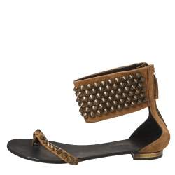 Giuseppe Zanotti Brown Suede Leather Studded Toe Ring Sandals Size 38.5 