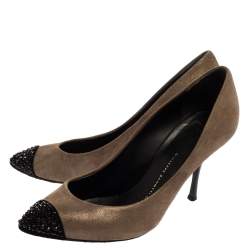 Giuseppe Zanotti Metallic Grey Suede Muffa Crystal Embellished Cap Toe Pumps Size 38.5