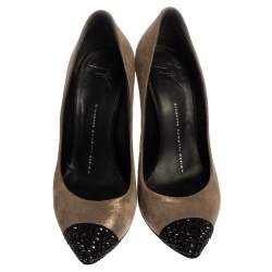 Giuseppe Zanotti Metallic Grey Suede Muffa Crystal Embellished Cap Toe Pumps Size 38.5