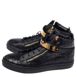 Pre Owned Giuseppe Zanotti Black Croc Embossed Leather Coby High Top Sneakers Size 40