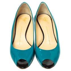 Pre Owned Giuseppe Zanotti  Pine Green Patent Leather Peep Toe Wedge Pumps Size 38