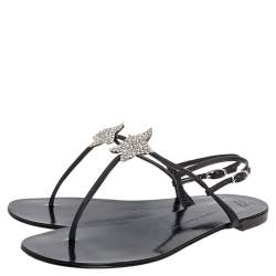 Pre Owned Giuseppe Zanotti Black Leather T Strap Crystal Embellished Flat Sandals Size 41