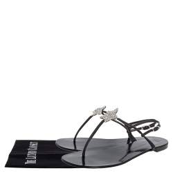 Pre Owned Giuseppe Zanotti Black Leather T Strap Crystal Embellished Flat Sandals Size 41
