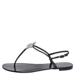 Pre Owned Giuseppe Zanotti Black Leather T Strap Crystal Embellished Flat Sandals Size 41