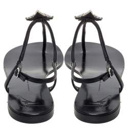 Pre Owned Giuseppe Zanotti Black Leather T Strap Crystal Embellished Flat Sandals Size 41