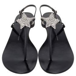 Pre Owned Giuseppe Zanotti Black Leather T Strap Crystal Embellished Flat Sandals Size 41