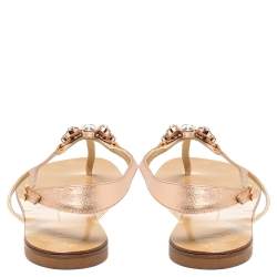 Pre Owned Giuseppe Zanotti Rose Gold Leather T Strap Crystal Embellish Flat Sandals Size 41