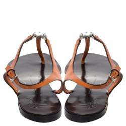 Pre Owned Giuseppe Zanotti Orange Leather Crystal Embellished Thong Flats Size 41