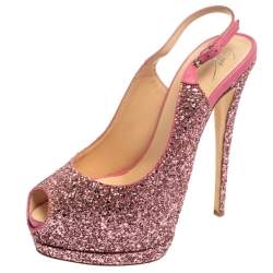 مملوكة مسبقًا Giuseppe Zanotti Pink Glitter Fabric and Leather  Slingback  Peep Toe Sandals Size 39