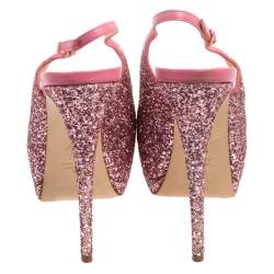 مملوكة مسبقًا Giuseppe Zanotti Pink Glitter Fabric and Leather  Slingback  Peep Toe Sandals Size 39