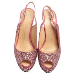 مملوكة مسبقًا Giuseppe Zanotti Pink Glitter Fabric and Leather  Slingback  Peep Toe Sandals Size 39