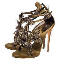 Pre Owned Giuseppe Zanotti Olive Green Satin Leaf Embellishment  Sandals Size 37