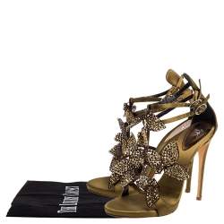 Pre Owned Giuseppe Zanotti Olive Green Satin Leaf Embellishment  Sandals Size 37