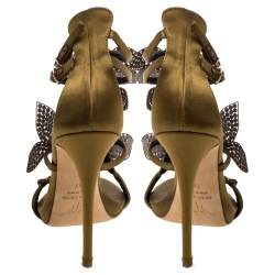 Pre Owned Giuseppe Zanotti Olive Green Satin Leaf Embellishment  Sandals Size 37