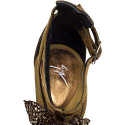 Pre Owned Giuseppe Zanotti Olive Green Satin Leaf Embellishment  Sandals Size 37