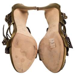 Pre Owned Giuseppe Zanotti Olive Green Satin Leaf Embellishment  Sandals Size 37
