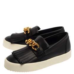 Pre Owned Giuseppe Zanotti Black Fringed Leather Slip On Sneakers Size 38