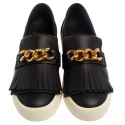 Pre Owned Giuseppe Zanotti Black Fringed Leather Slip On Sneakers Size 38