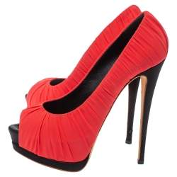 Giuseppe Zanotti Red Ruched Silk Peep Toe Platform Pumps Size 37.5