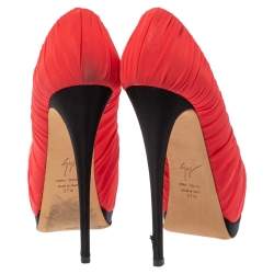 Giuseppe Zanotti Red Ruched Silk Peep Toe Platform Pumps Size 37.5
