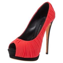 Giuseppe Zanotti Red Ruched Silk Peep Toe Platform Pumps Size 37.5