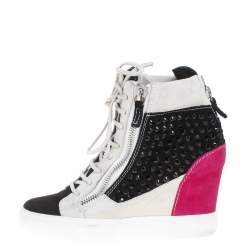 Pre Owned Giuseppe Zanotti Multicolor Crystal Embellished Suede Wedge Sneakers Size 37