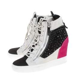 Pre Owned Giuseppe Zanotti Multicolor Crystal Embellished Suede Wedge Sneakers Size 37