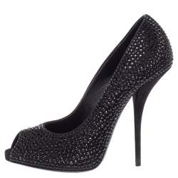 مملوكة مسبقًا Giuseppe Zanotti Black Suede Nika Crystal Embellished Peep Toe Pumps Size 38