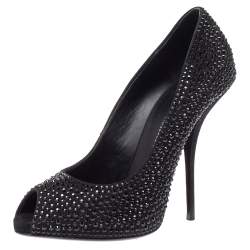 مملوكة مسبقًا Giuseppe Zanotti Black Suede Nika Crystal Embellished Peep Toe Pumps Size 38