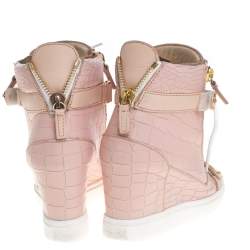 Pre Owned Giuseppe Zanotti Pink Croc Embossed Leather Lorenz Wedge High Top Sneakers Size 36.5
