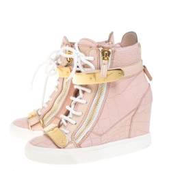 Pre Owned Giuseppe Zanotti Pink Croc Embossed Leather Lorenz Wedge High Top Sneakers Size 36.5