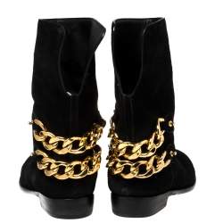 Pre Owned Giuseppe Zanotti Black Suede Gold Chain Link Ankle Length Boots Size 40