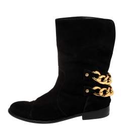 Pre Owned Giuseppe Zanotti Black Suede Gold Chain Link Ankle Length Boots Size 40