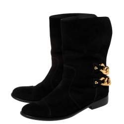 Pre Owned Giuseppe Zanotti Black Suede Gold Chain Link Ankle Length Boots Size 40