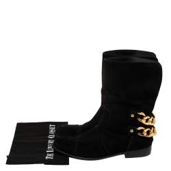 Pre Owned Giuseppe Zanotti Black Suede Gold Chain Link Ankle Length Boots Size 40