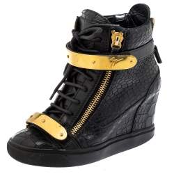 Pre Owned Giuseppe Zanotti Black Croc Embossed Leather Sneakers Size 36.5