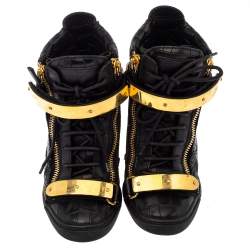 Pre Owned Giuseppe Zanotti Black Croc Embossed Leather Sneakers Size 36.5